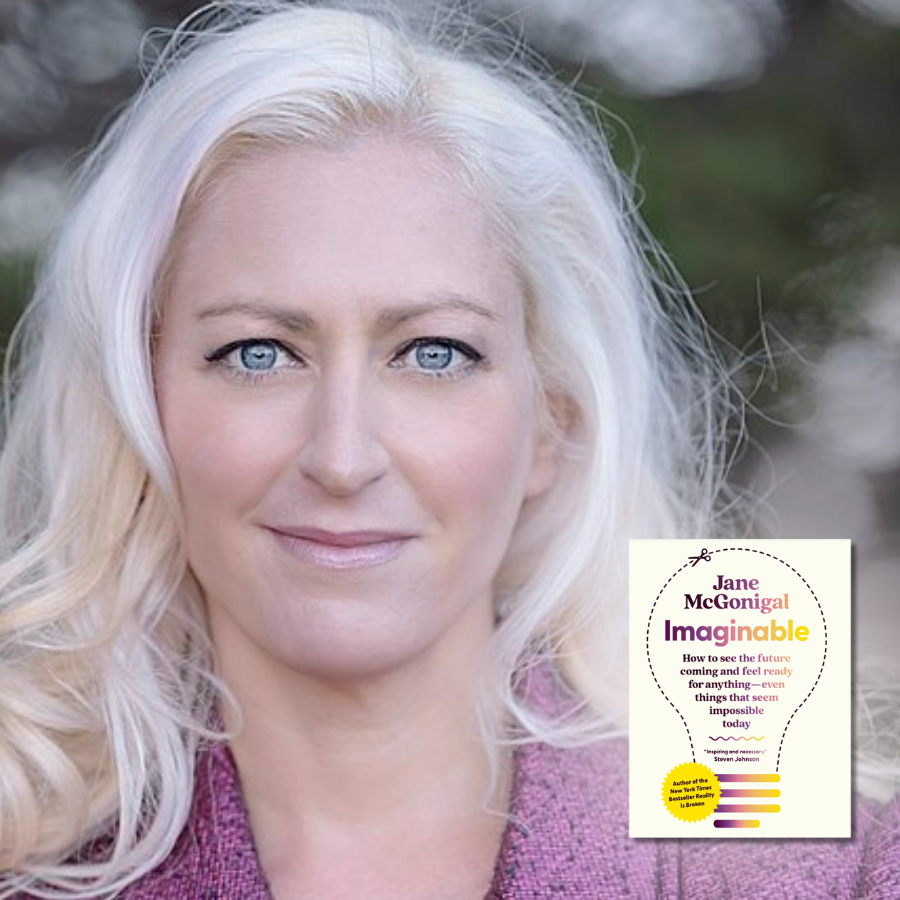 Jane McGonigal headshot with graphic of book cover in corner
